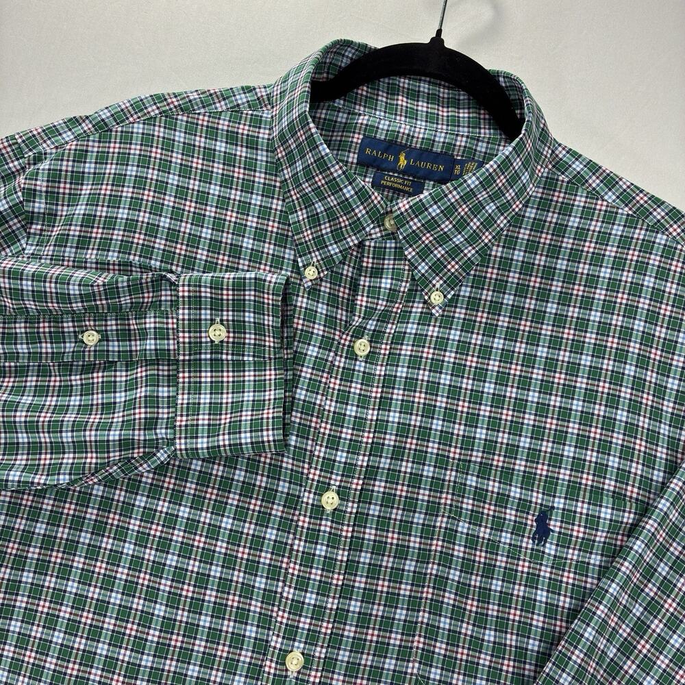 Polo Ralph Lauren Mens XL Shirt Green Plaid Classic Fit Performance Stretch Pony